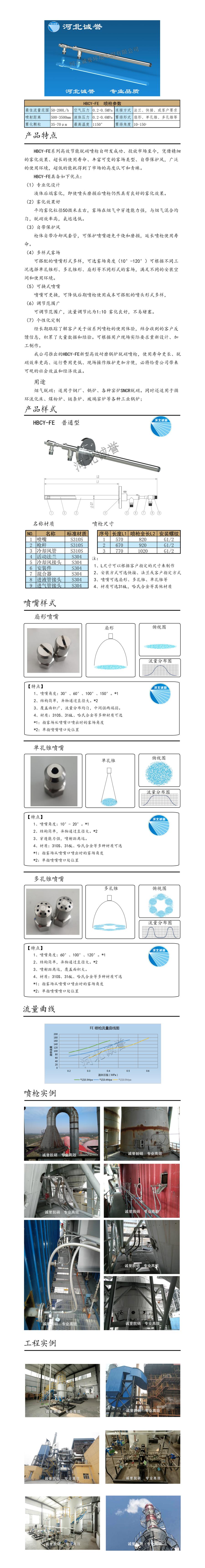 氨水噴槍、保護(hù)套、噴槍參數(shù)、材質(zhì)尺寸、流量分布圖、扇形空心錐俯視圖介紹，以及噴槍霧化視頻展示和工程案例介紹